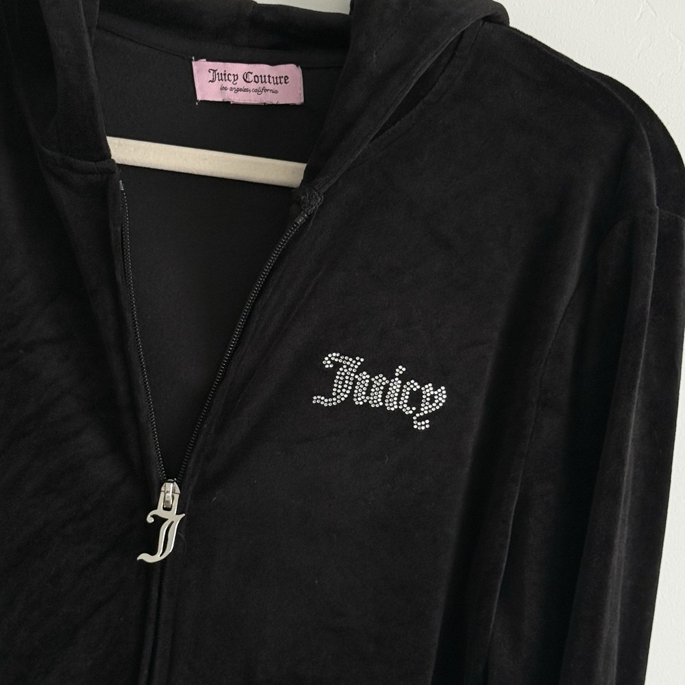 Juicy Couture Zip Up Velour Hoodie L Black Bling VTG